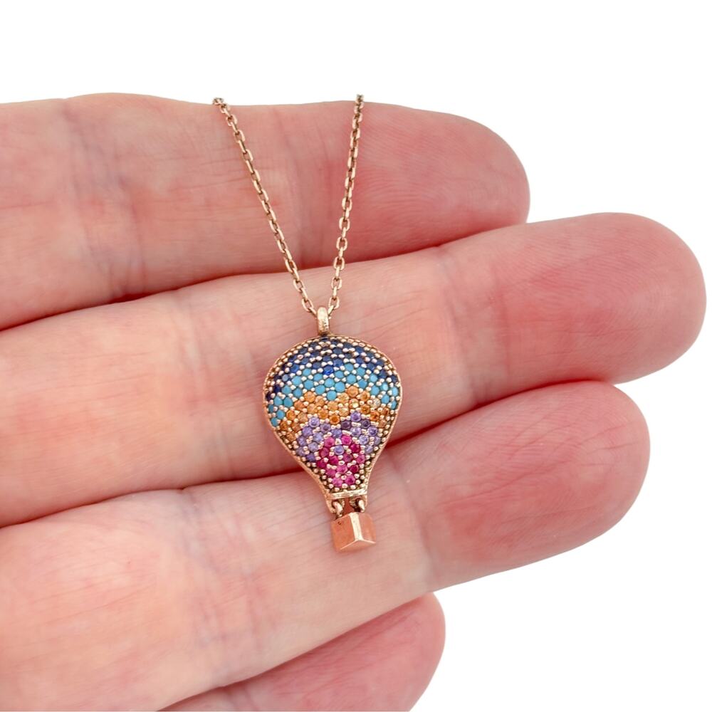 Rose Gold Tone Sterling Silver Multicolor CZ Hot Air Balloon Necklace 16.5 inch
